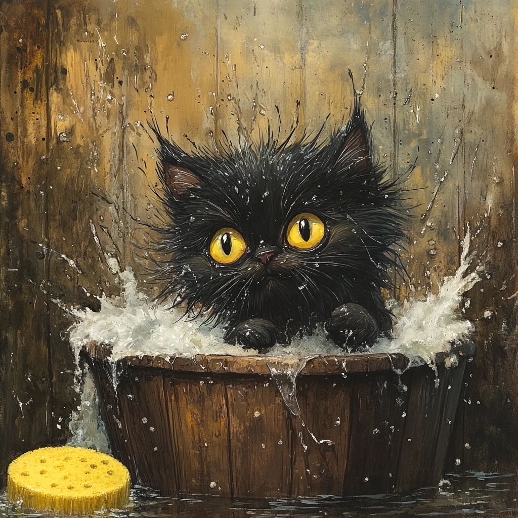 Wet black kitten in a wooden tub with floating foam