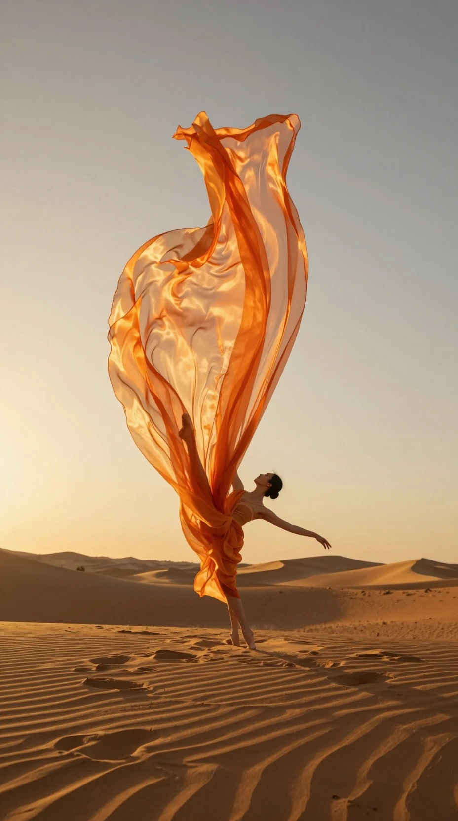 Bailarina de ballet con gasa ondulante al atardecer en el desierto