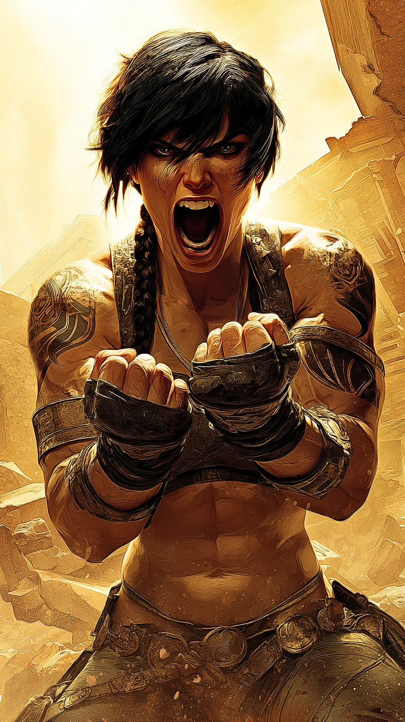 Muscular female warrior posing in a ruined city sunset