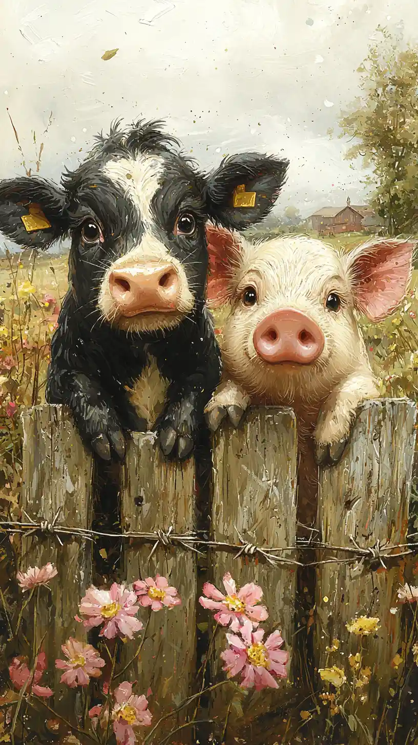 Curious cow and pig peeking over rustic farm fence