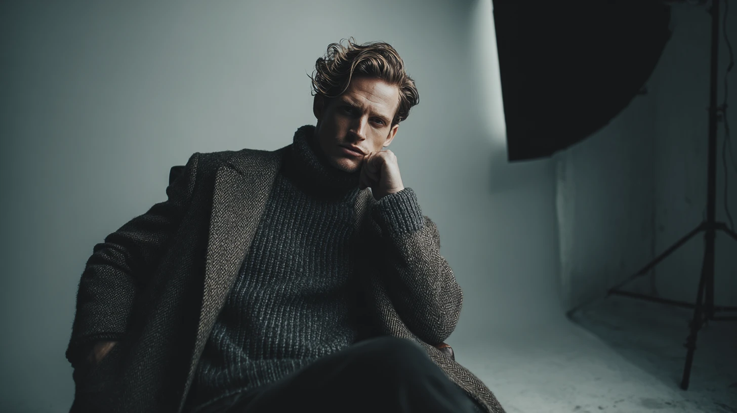 Cinematic studio portrait of man in dark winter layers
