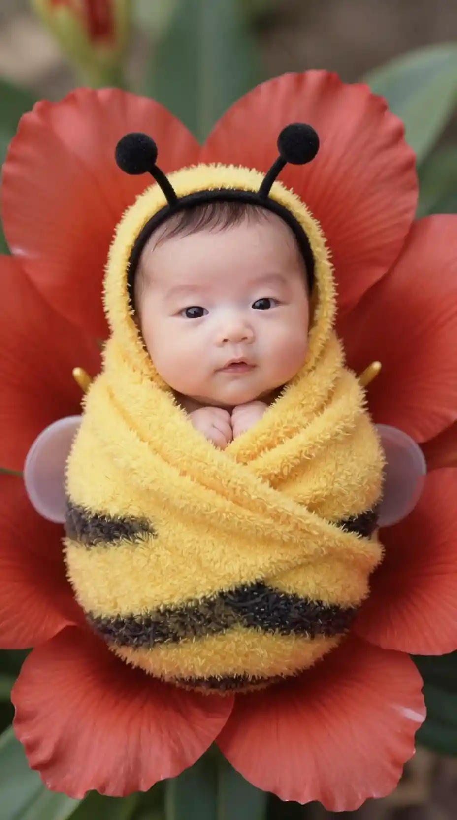 Dolce bebè vestito da piccola ape in un fiore