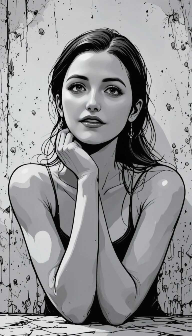 Pensive young woman in black and white close up portrait