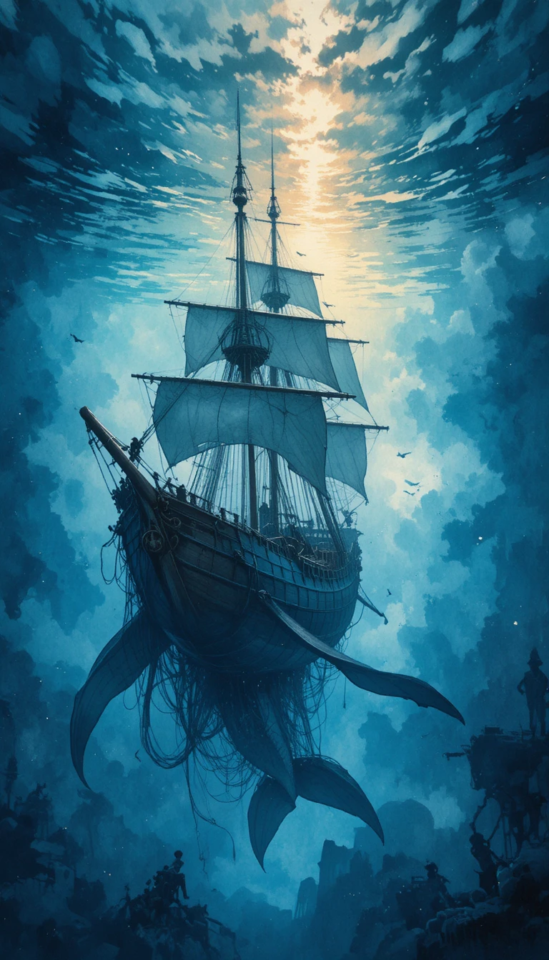 Watercolor whale drifting through a serene underwater dawn