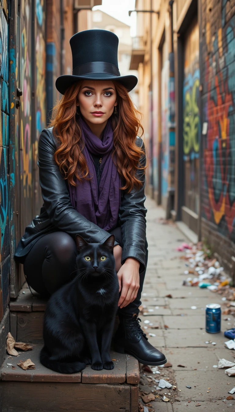 Woman in top hat sitting on wooden steps with black cat