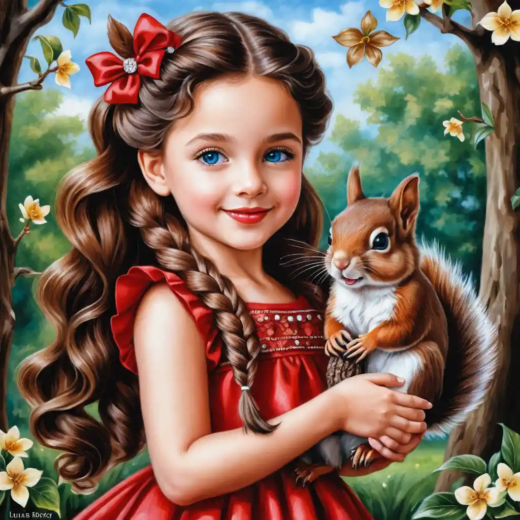 Smiling girl with squirrel in a sparkling red dress