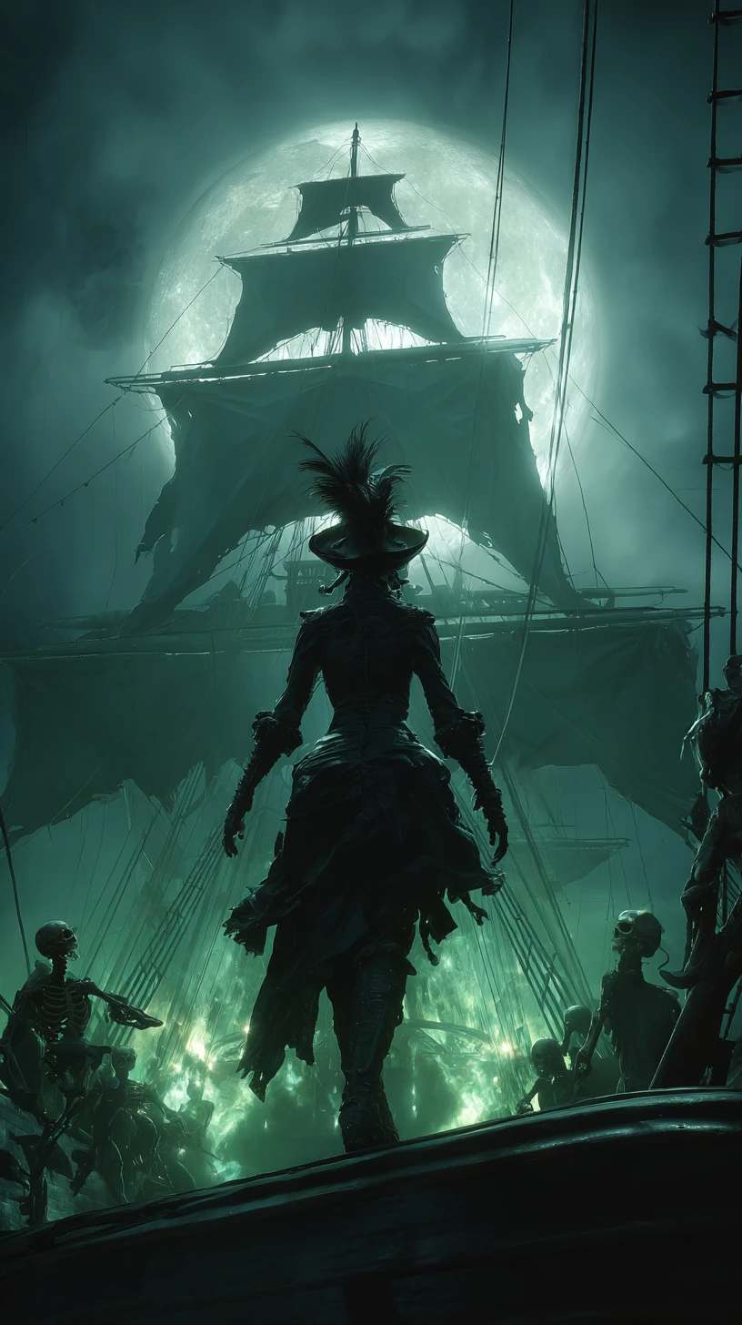 Undead Pirate Captain On Ghost Ship Under Full Moon