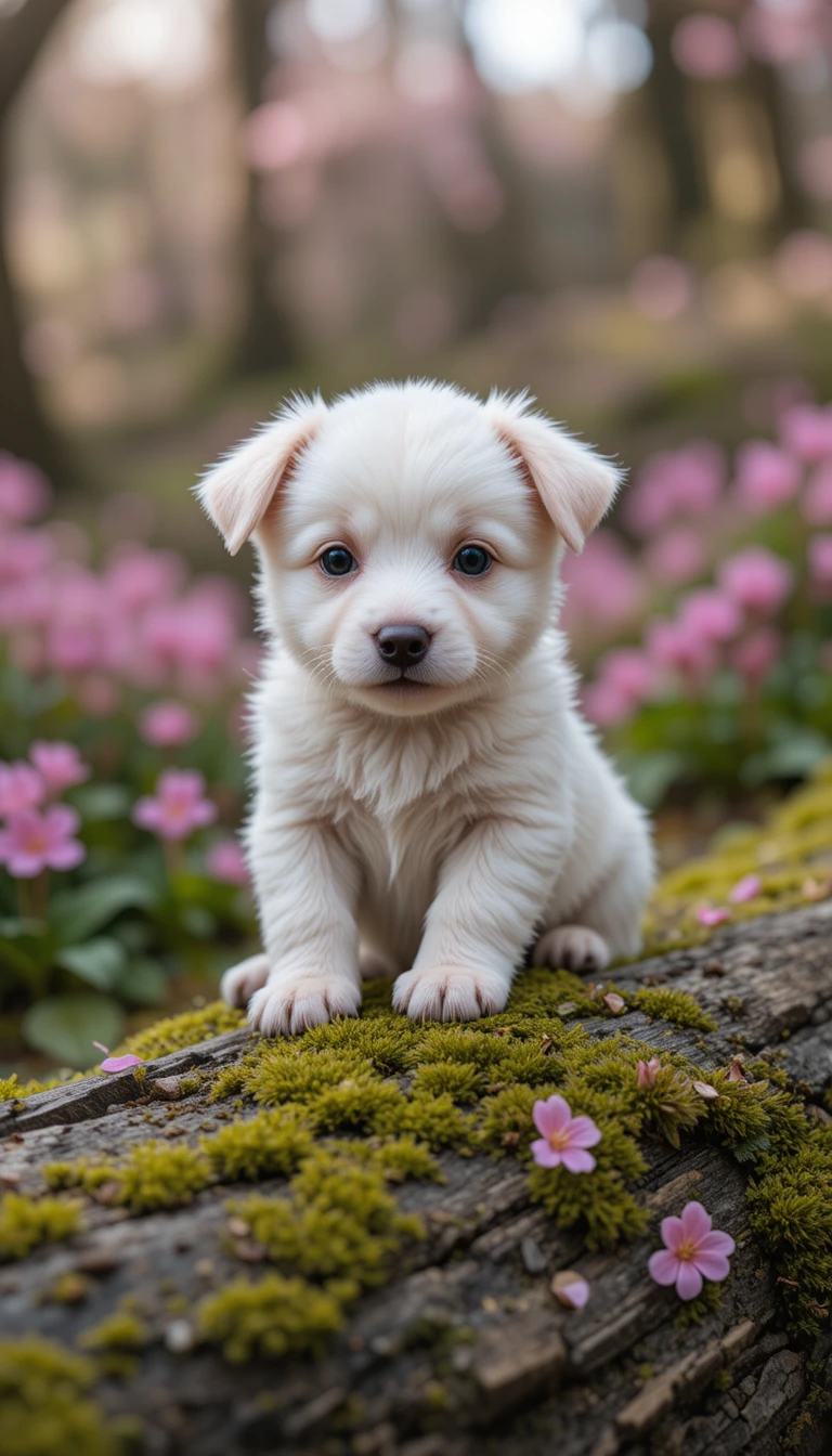 Cute white puppy on a mossy log in close up view