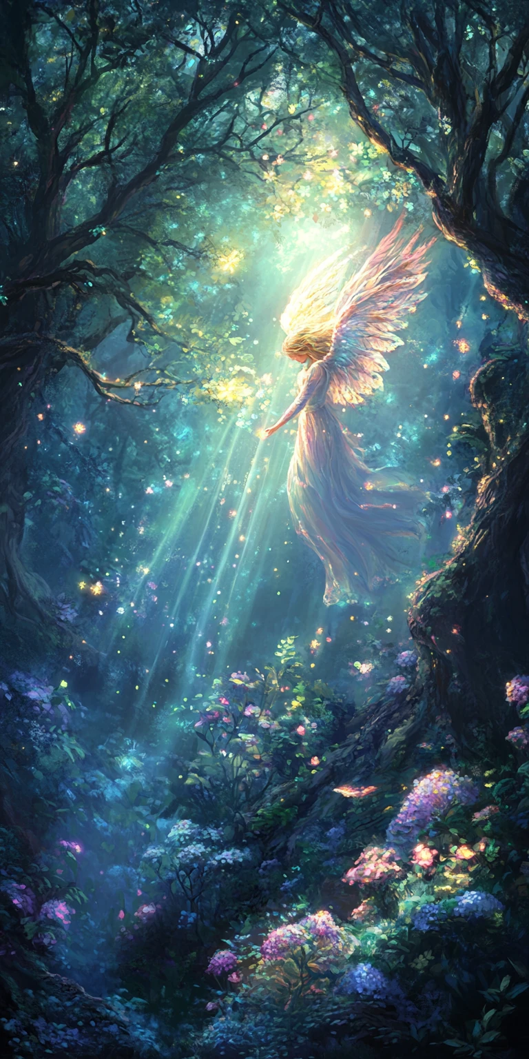 Angel descending in light beams into an enchanted forest