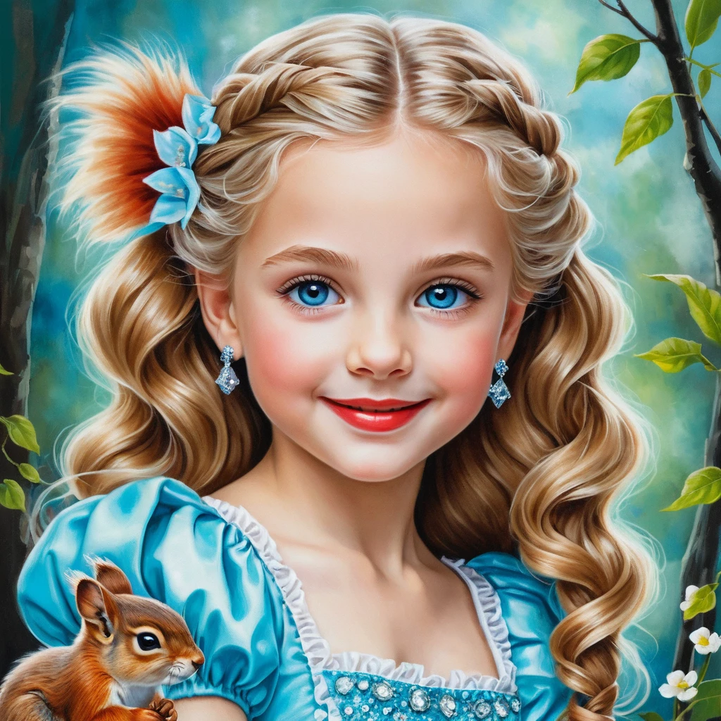 Smiling blonde girl in aqua dress with squirrel companion