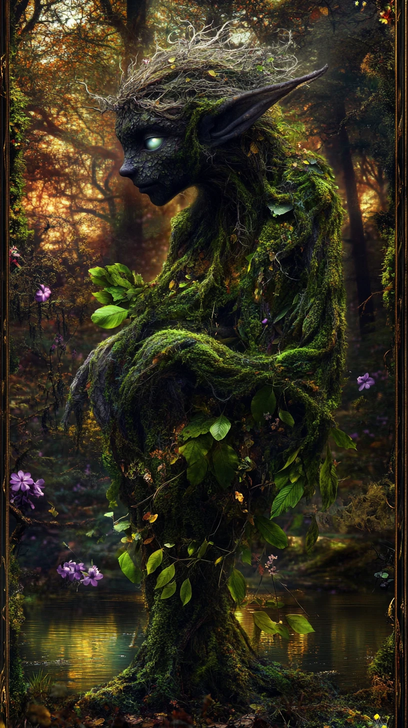 Serene forest sprite drifting through an enchanted woodland