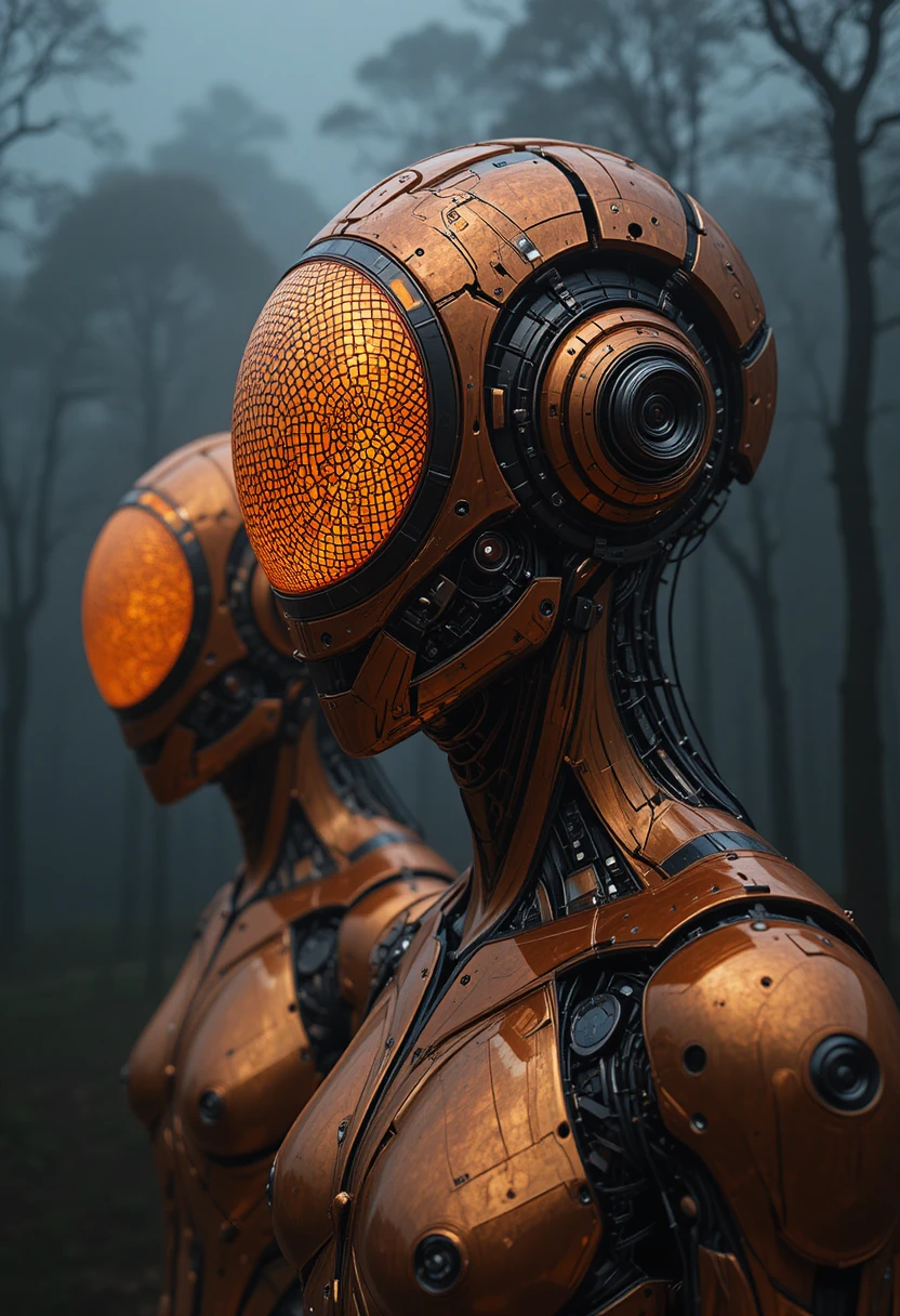 Close up of a futuristic humanoid robot in a foggy forest