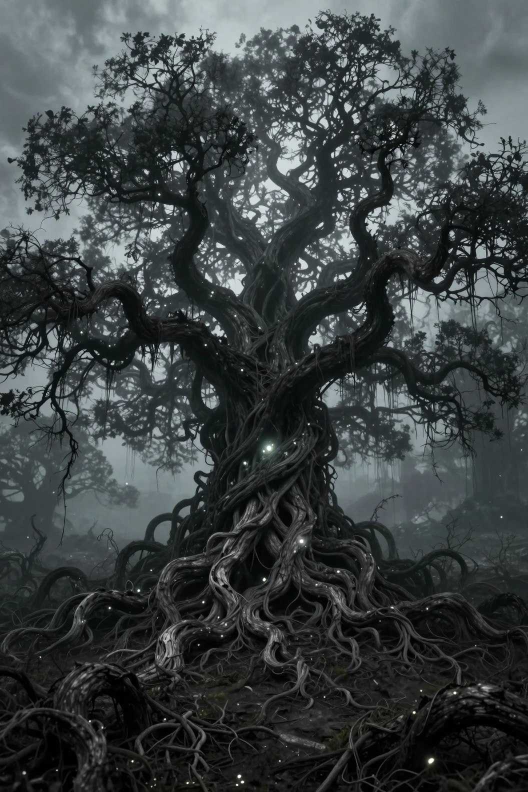 Surreal landscape with a massive twisted tree of glowing lies