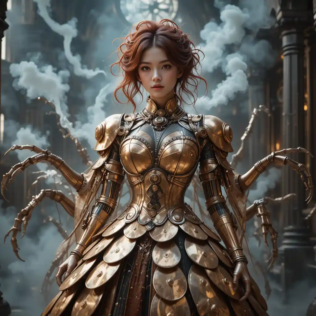 Regal alchemical queen in a steam filled clockwork cathedral