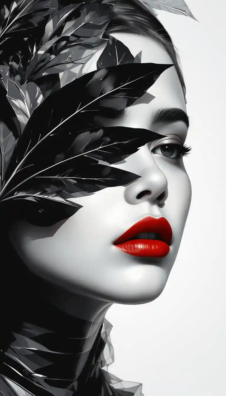 Black and white vector portrait with red lips and leaves