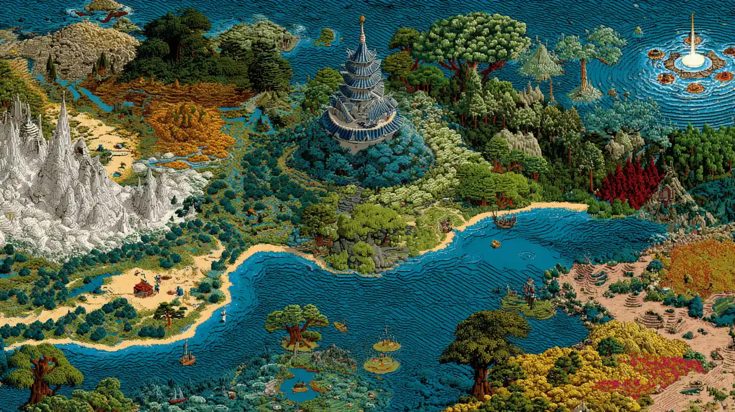 Colorful fantasy world map with detailed topographic terrain
