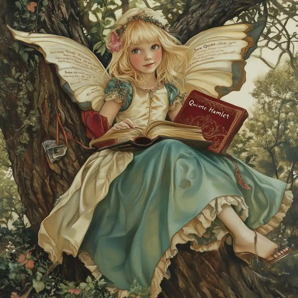 Joven con libros sentada en un tronco de árbol en el bosque