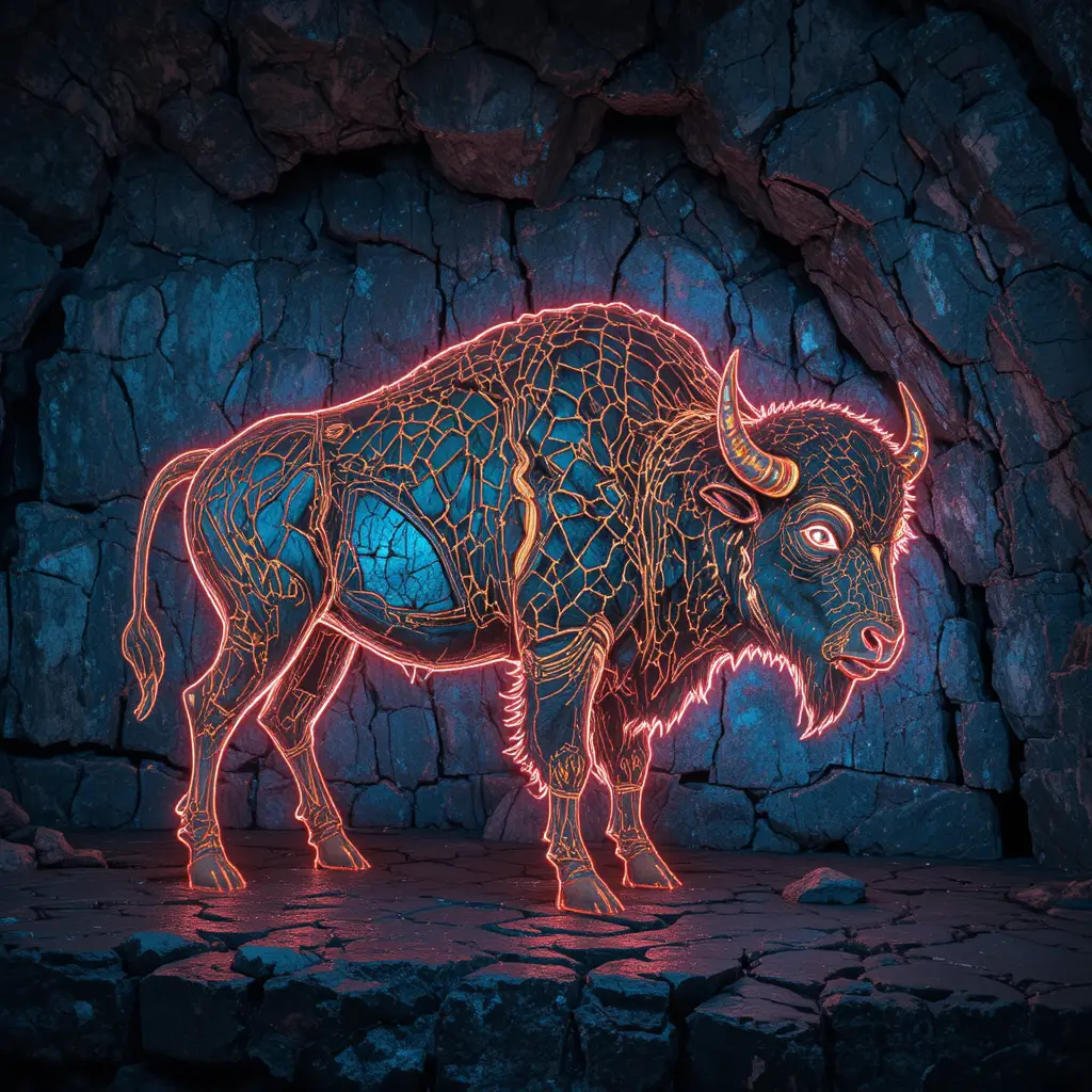 Bisonte delle caverne antico reimmaginato in vividi colori dipinti