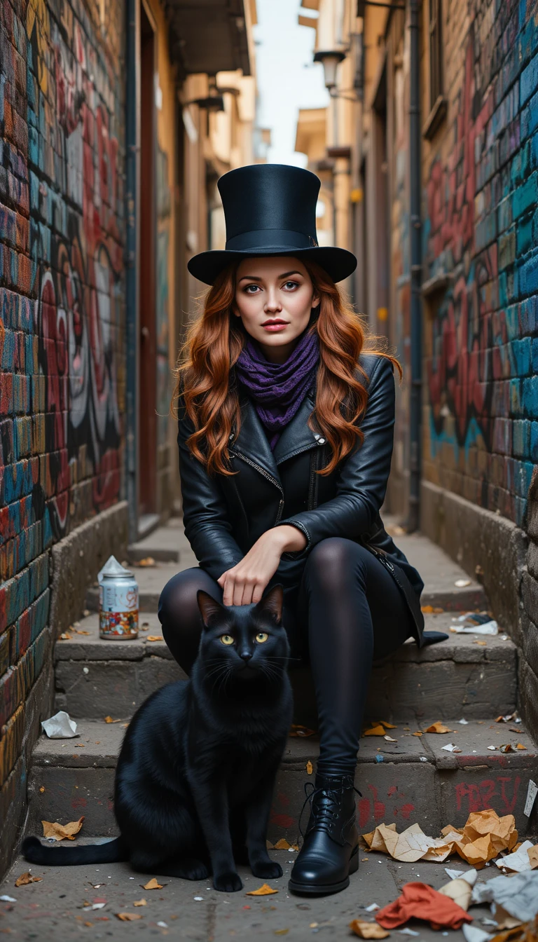 Contemplative woman and black cat in graffiti alley