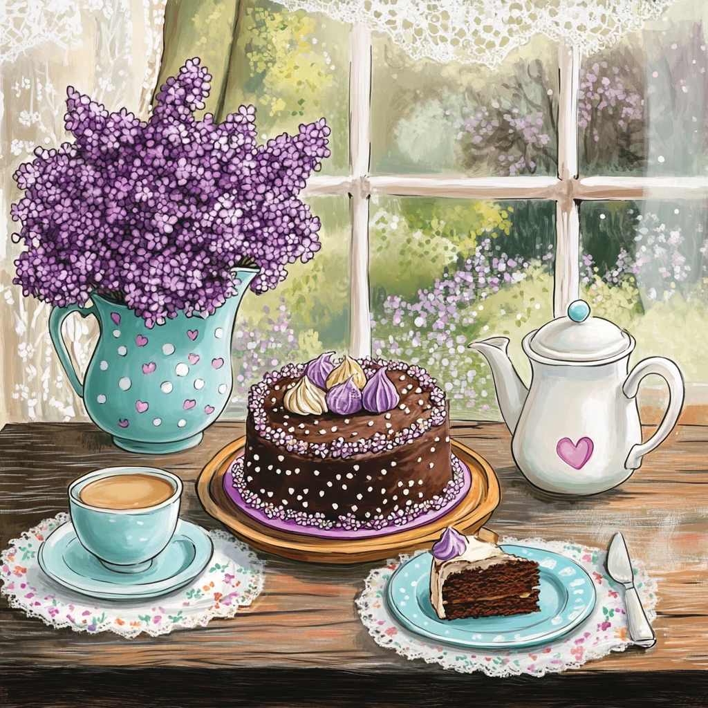 Cozy Sunday coffee table with cake and lilac bouquet