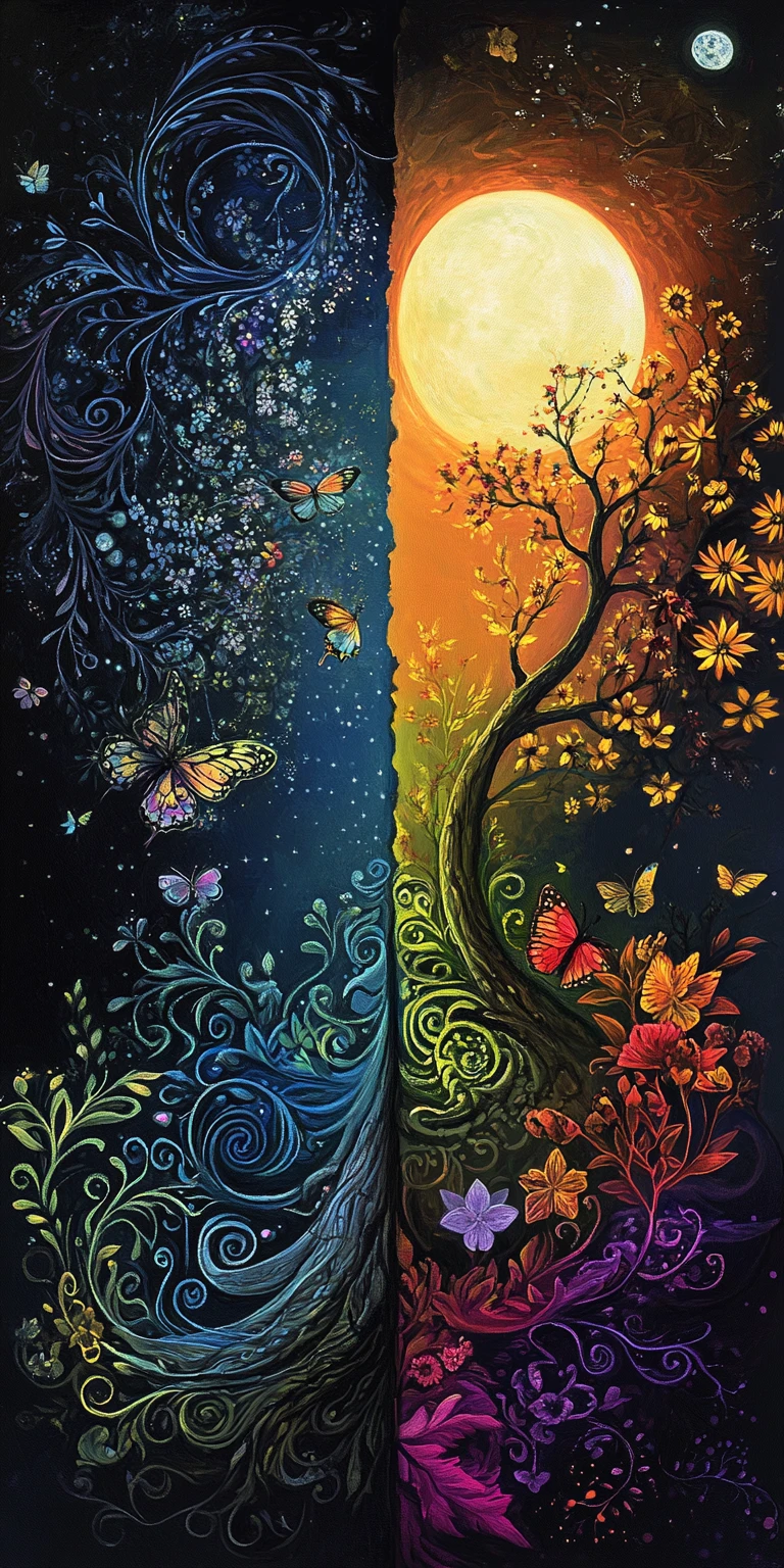 Fairytale diptych of moonlit trees vines and flowers