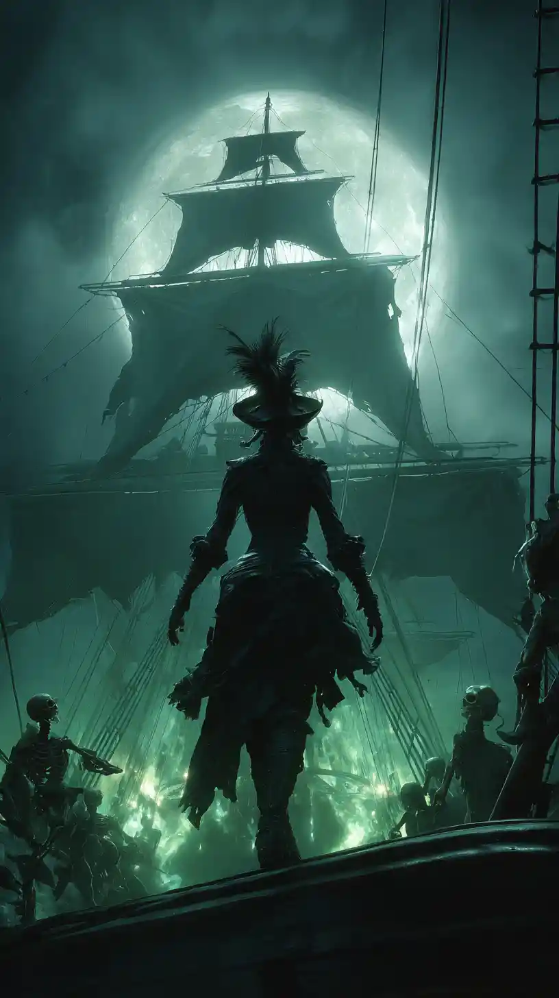Undead Pirate Captain On Ghost Ship Under Full Moon