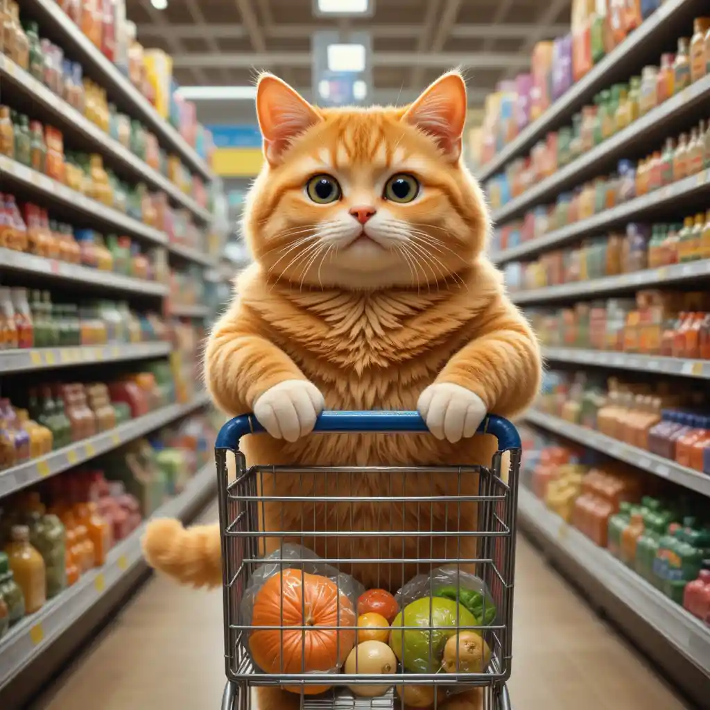 Orange cat shopping with a full cart in a supermarket