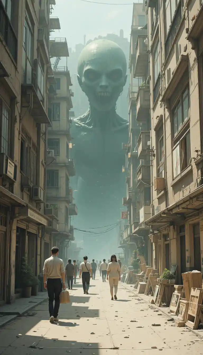 Surreal city scene where people ignore impossible spatial distortions