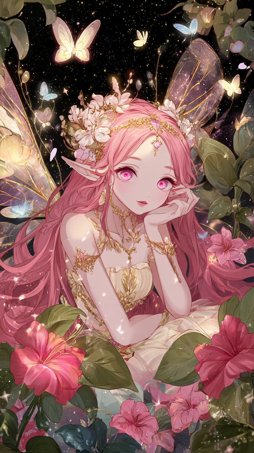 Pink haired anime fairy in a glowing cosmic garden
