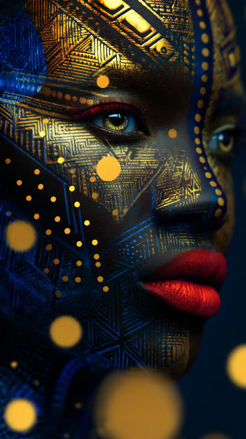 Abstract 3D portrait of an African woman with gold patterns
