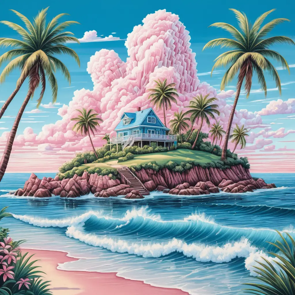 Colorful tropical island with waves under a bright blue sky