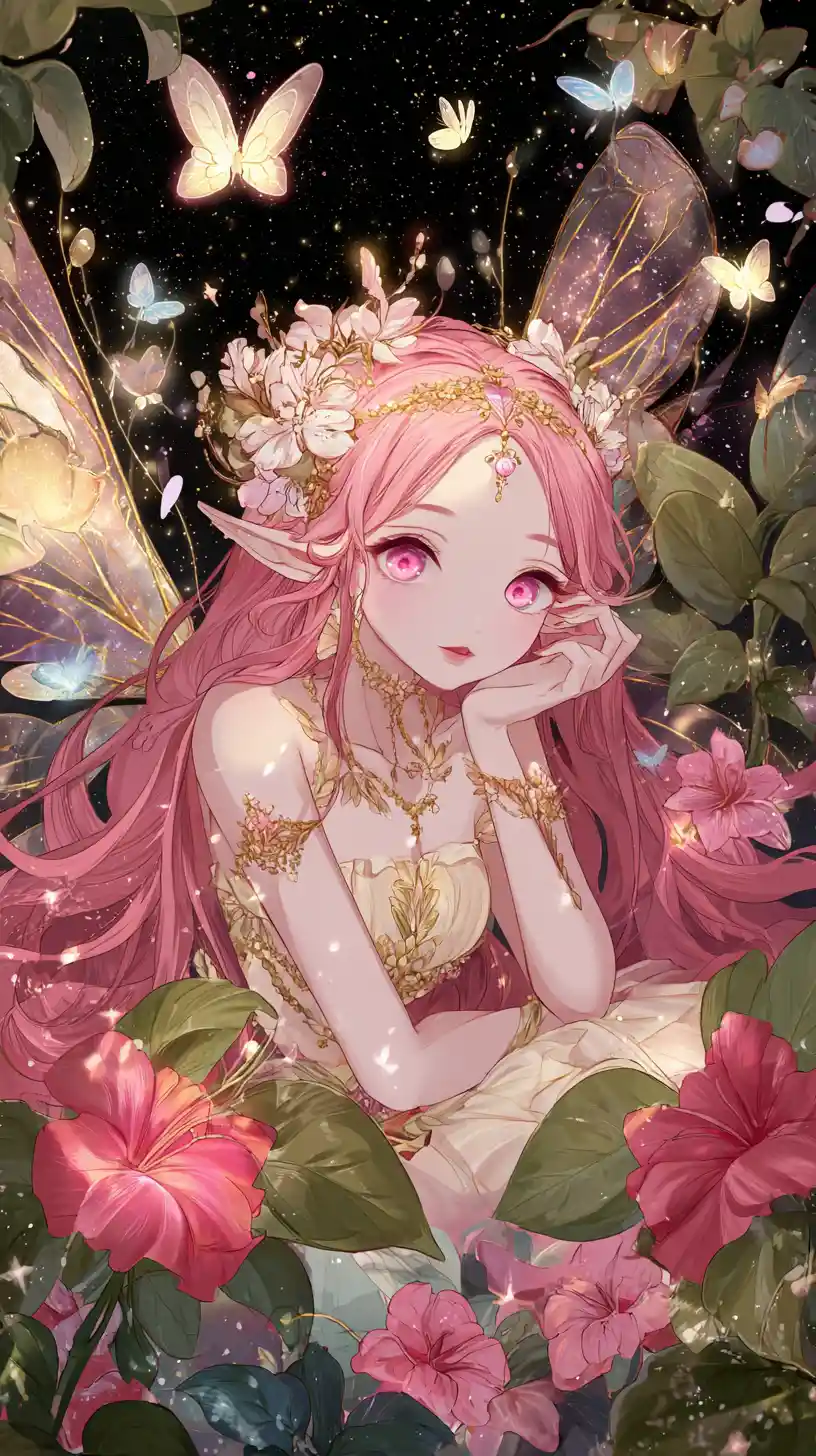 Pink haired anime fairy in a glowing cosmic garden