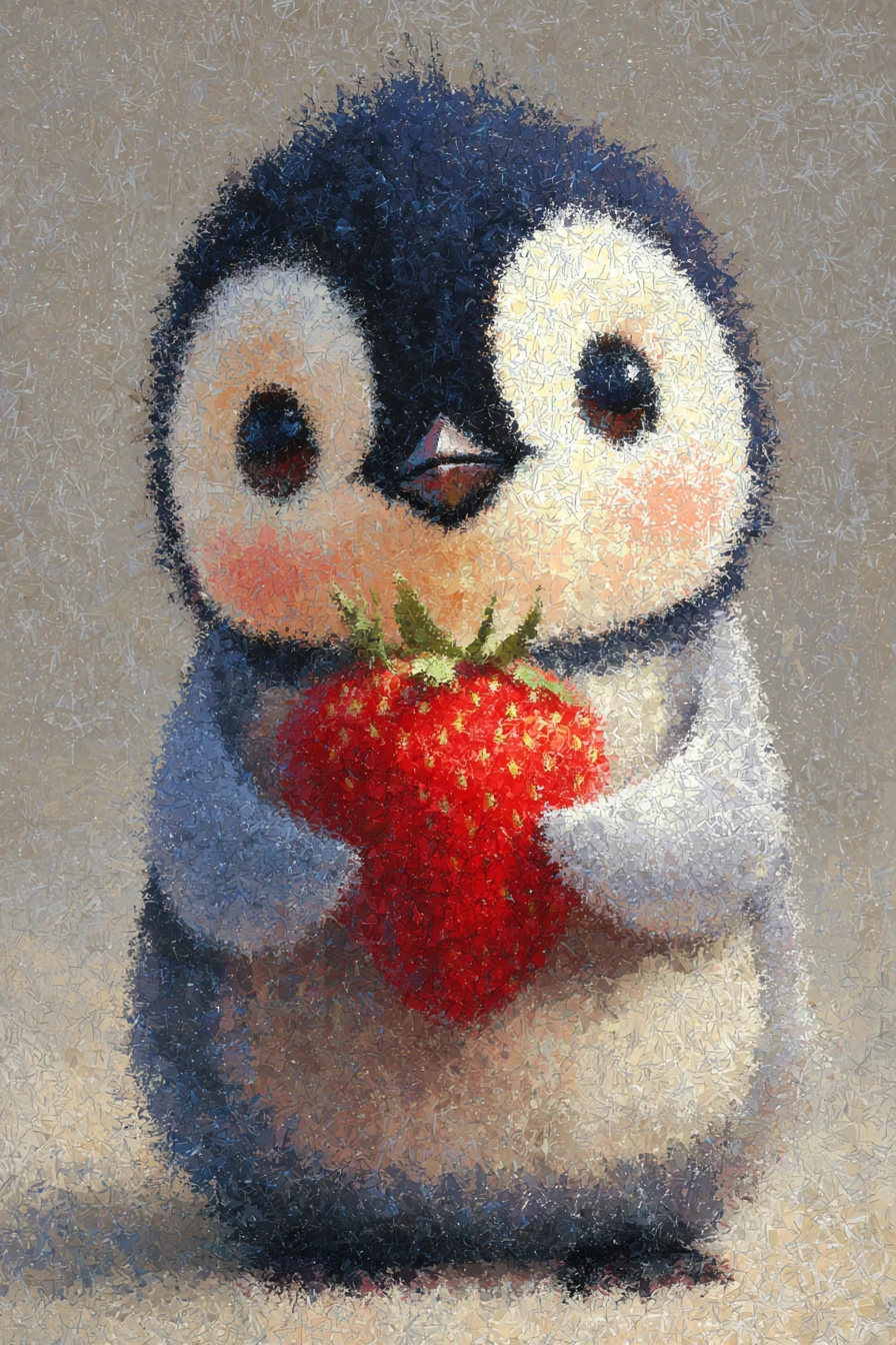 Cheerful little penguin holding a bright red strawberry
