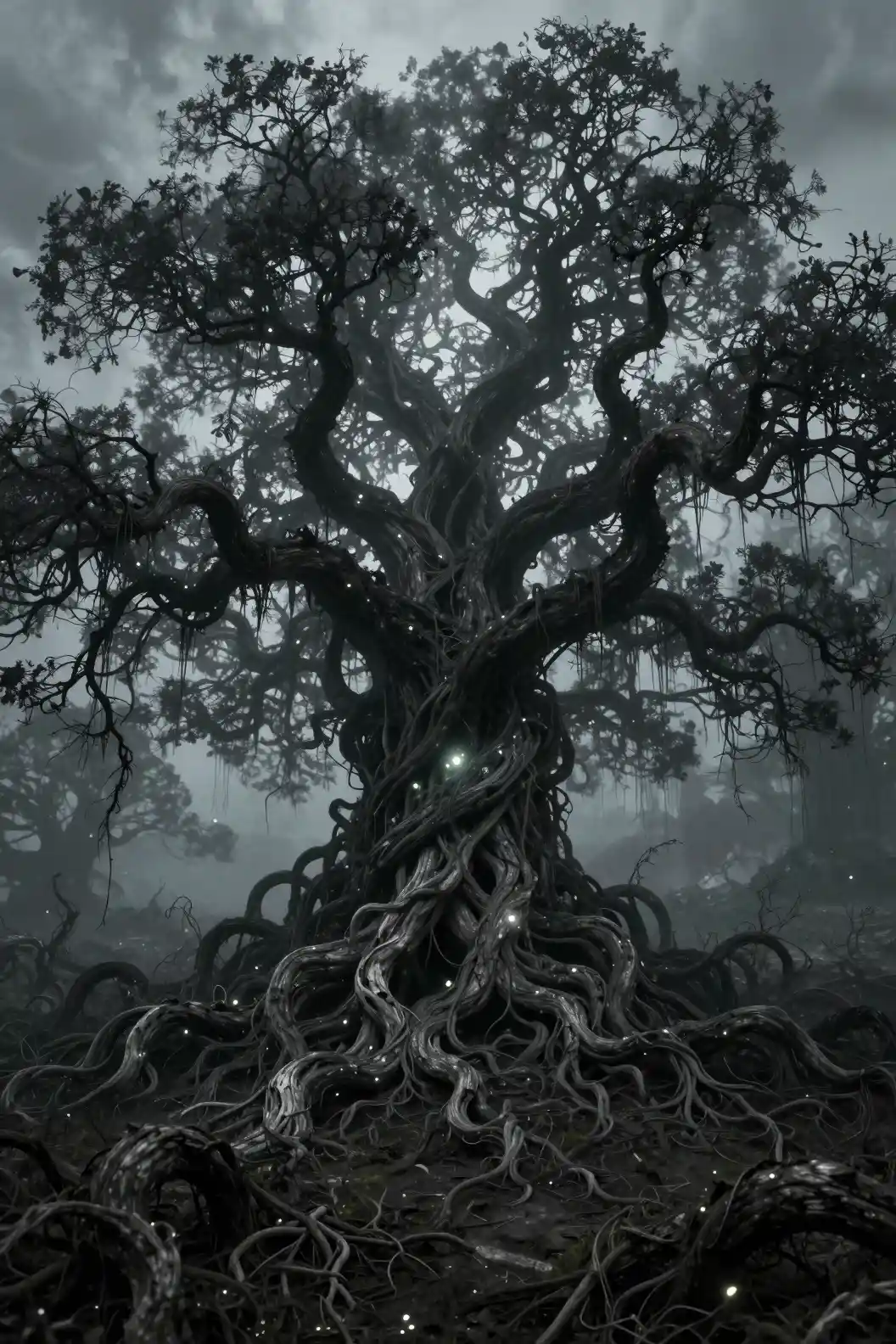 Surreale Landschaft mit einem riesigen verdrehten Baum aus leuchtenden Lügen