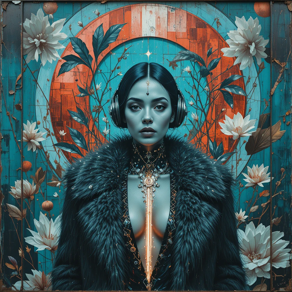 Retro futurist fashion woman on decayed urban billboard