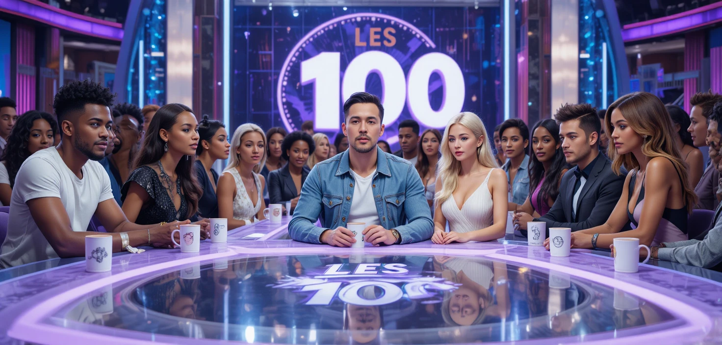 Diverse group of contestants seated around a tv game table