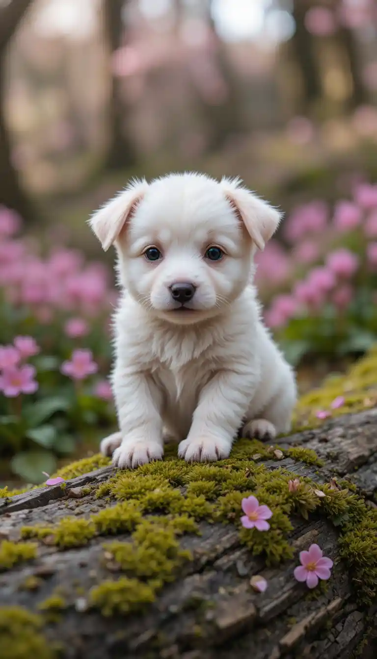 Cute white puppy on a mossy log in close up view