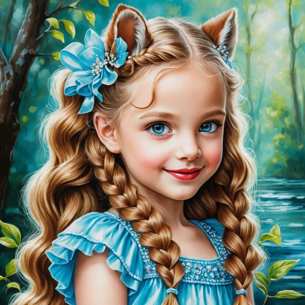 Little blonde girl in aqua dress with squirrel companion