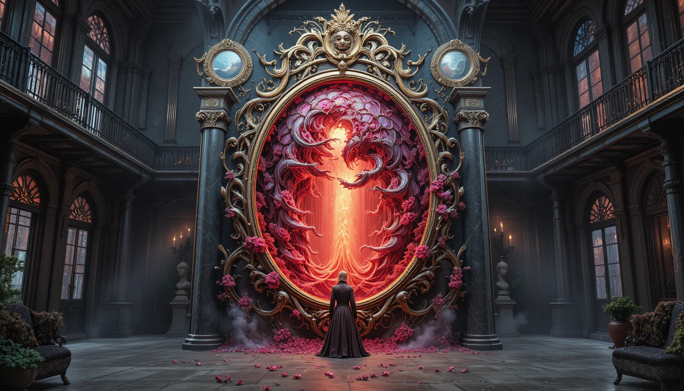 Surreal phoenix of gears in a luxurious sci fi living room