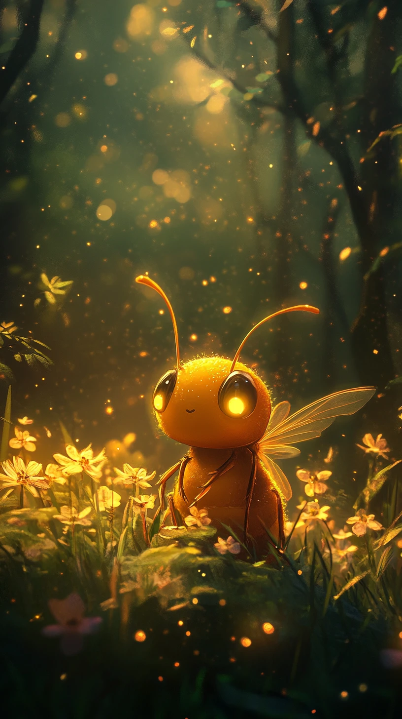 Gentle wasp character resting among flowers in forest