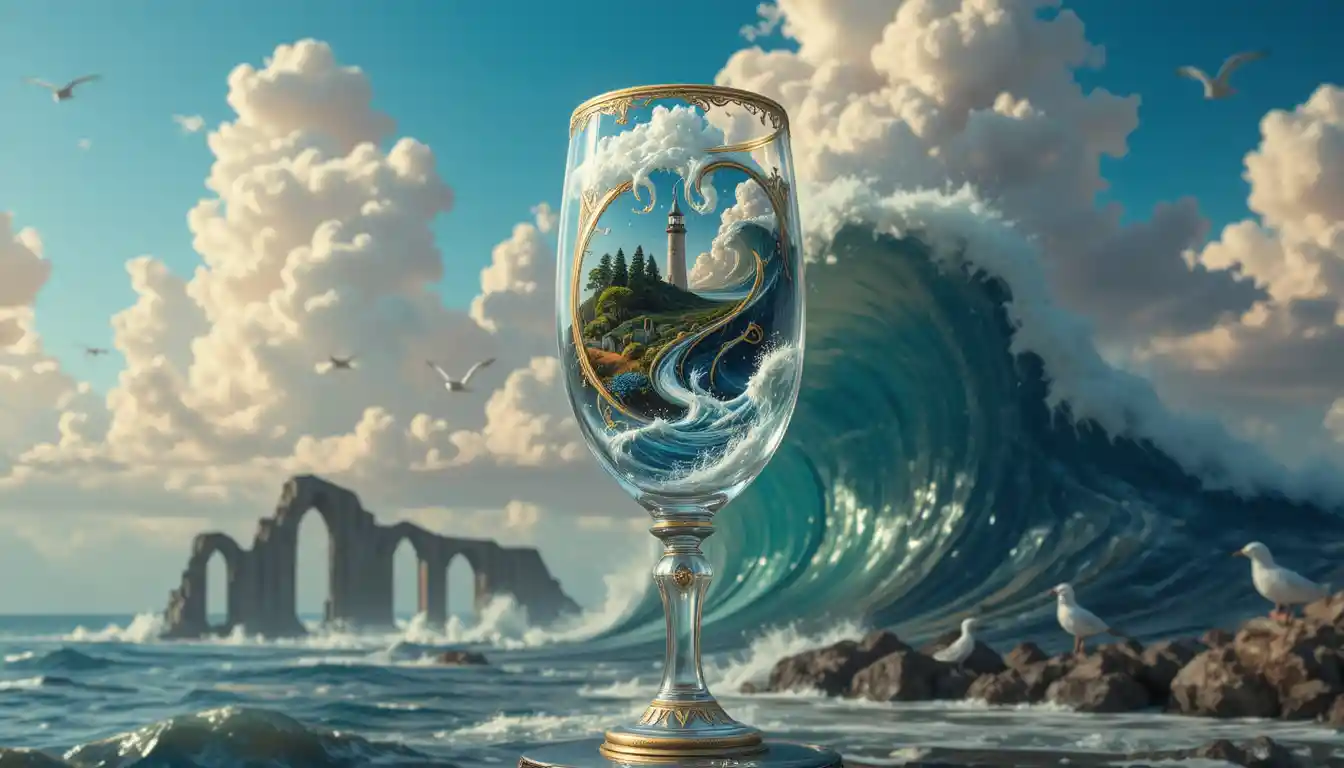 Surreal champagne glass holding a stormy seascape vision