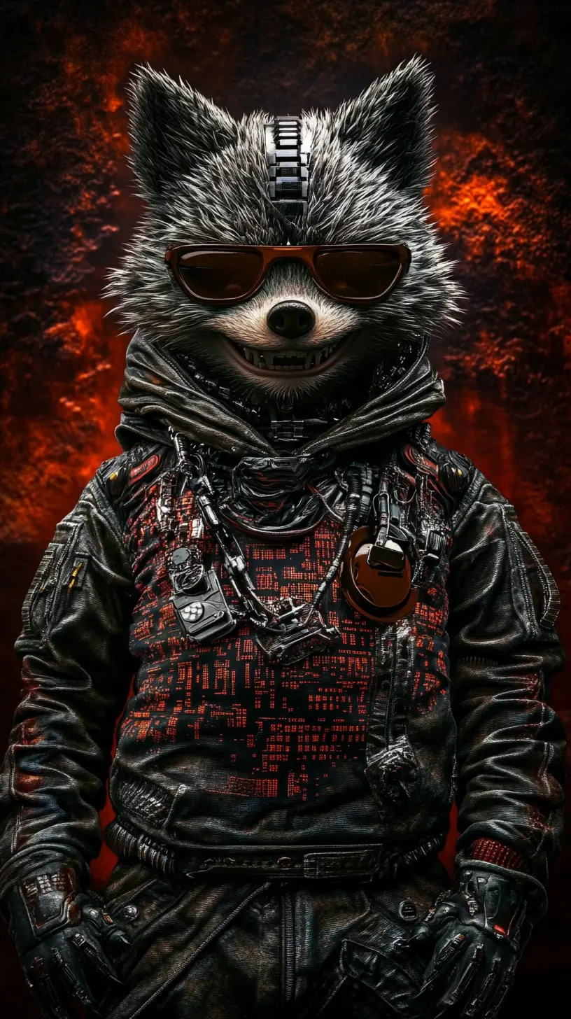 Friendly cyber creature in urban attire with cinematic glow