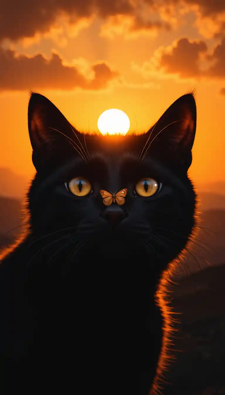 Schwarze Katzensilhouette mit Schmetterling vor leuchtendem Sonnenuntergang