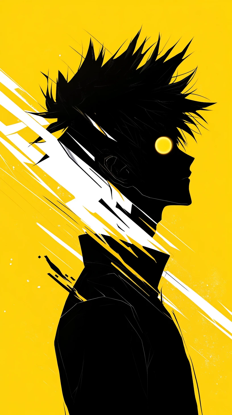 Stylized anime male profile in bold yellow silhouette