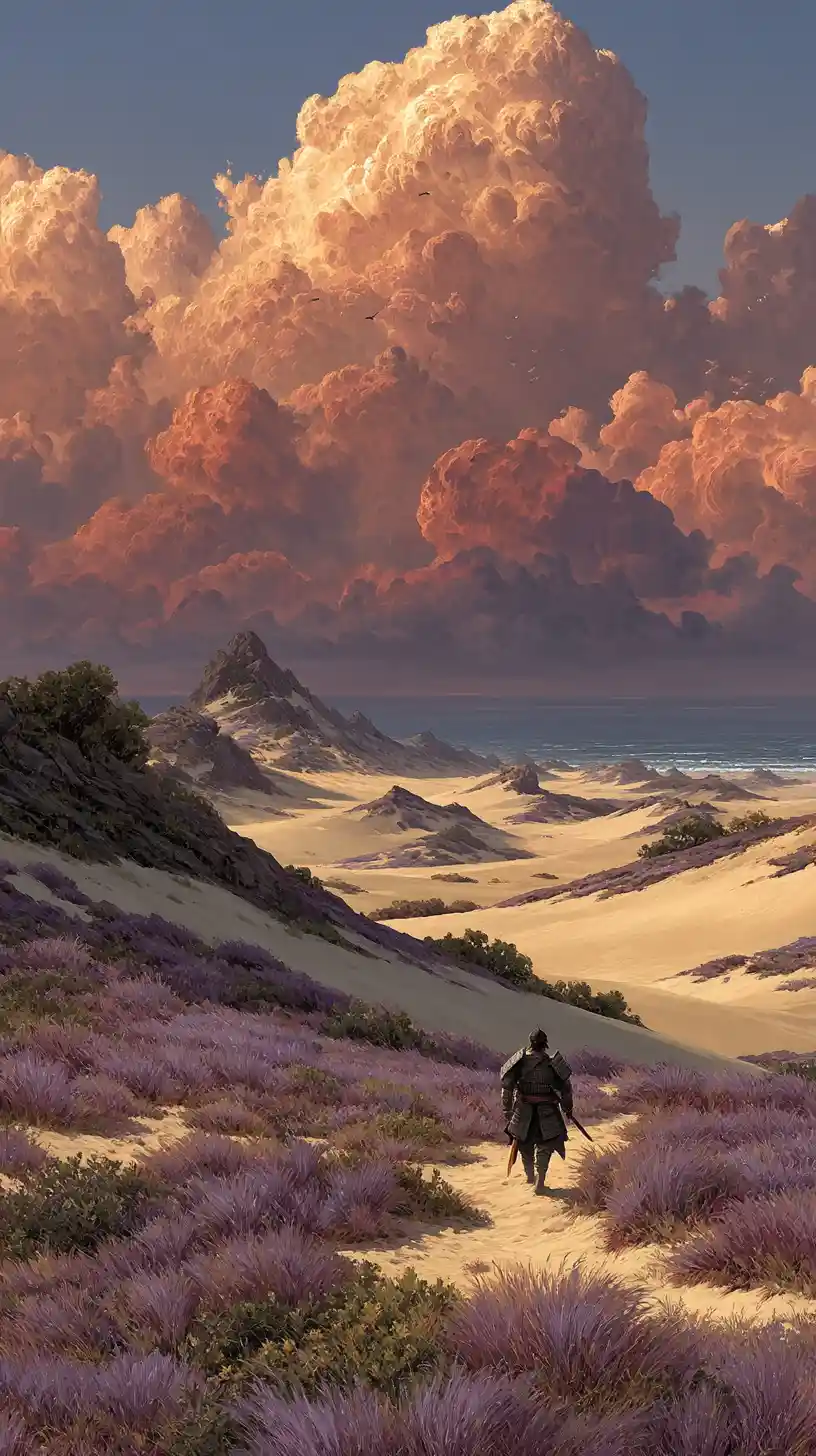 Samurai solitario che cammina tra vaste dune sotto un antico drago