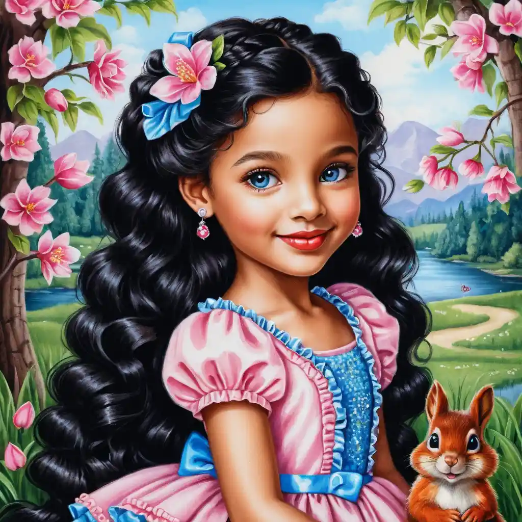 Smiling blue eyed girl with long braided black hair