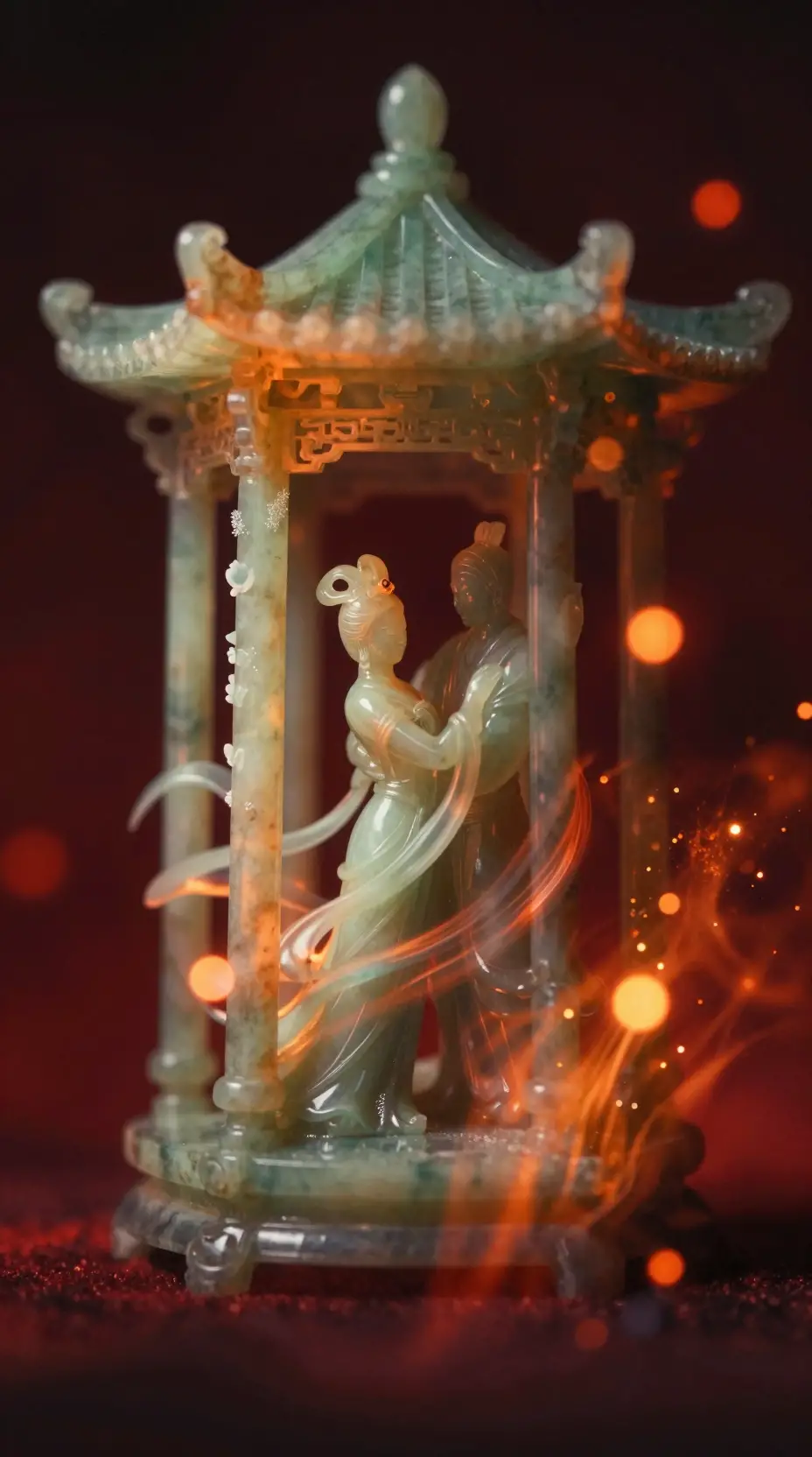 Macro view of glowing jade gazebo sculpture with embrace