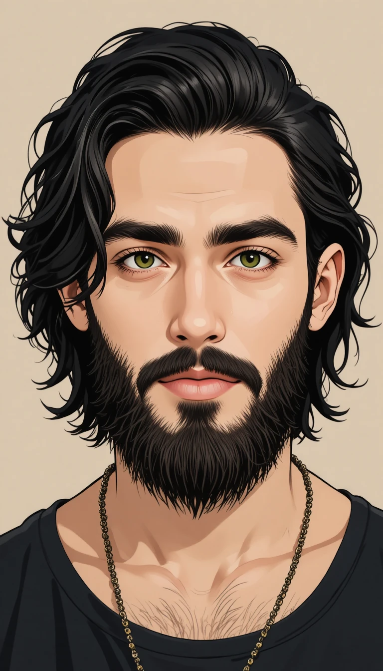 Calm young man with long dark hair and beard portrait