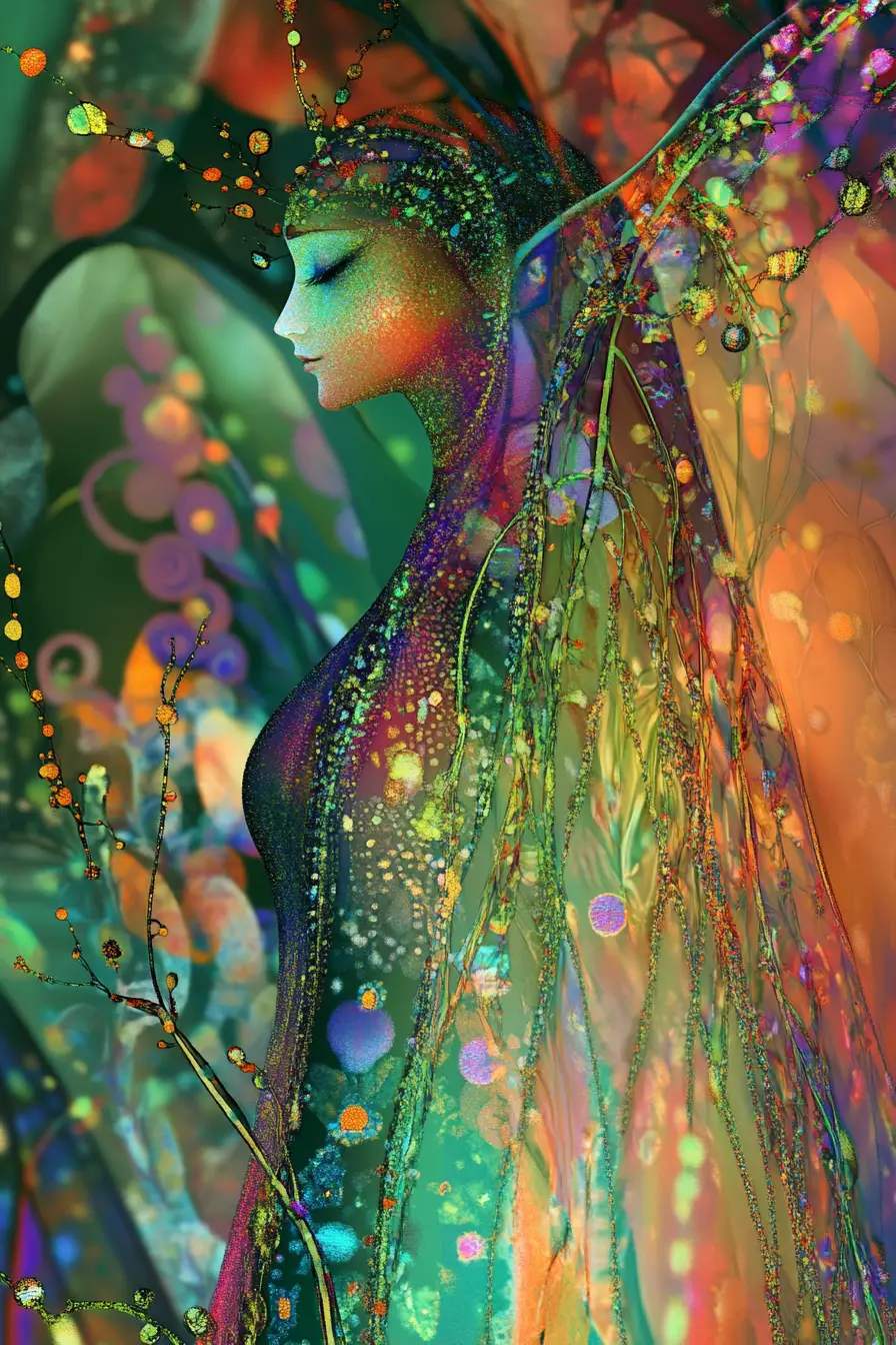 Abstract cyborg fairy woman in a strange colorful garden