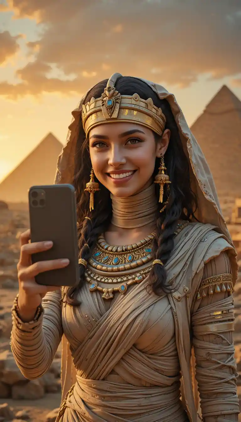 Mummified queen taking a playful selfie by the ancient sphinx